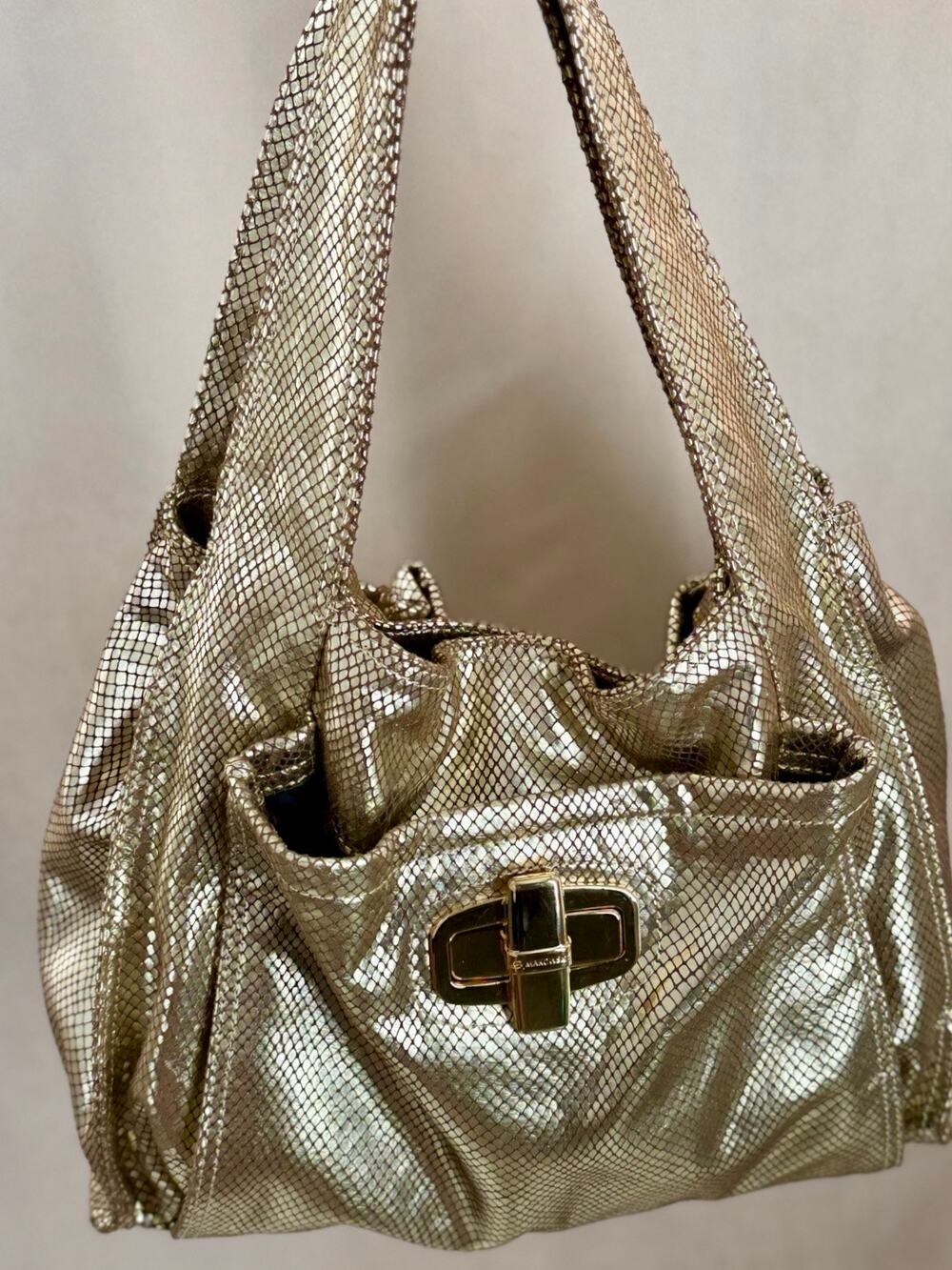 B. Makowsky Metallic Gold Leather Trim Hobo Shoulder Bag
